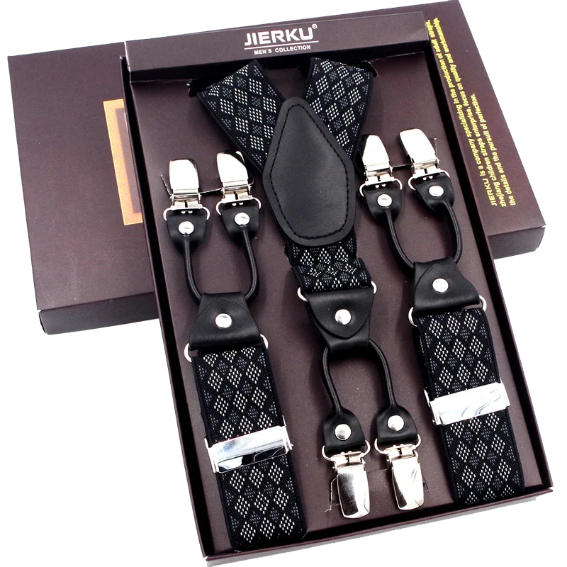 Bretelles de mode en cuir noir avec 6 clips — style vintage et décontracté, parfaites pour compléter un pantalon habillé ou casual. Un accessoire intemporel alliant élégance et confort.