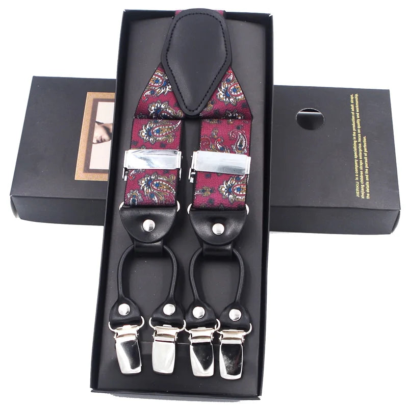Bretelles de mode en cuir noir avec 6 clips — style vintage et décontracté, parfaites pour compléter un pantalon habillé ou casual. Un accessoire intemporel alliant élégance et confort.