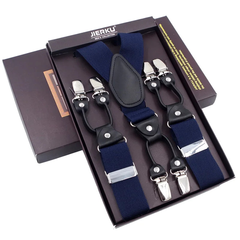 Bretelles de mode en cuir noir avec 6 clips — style vintage et décontracté, parfaites pour compléter un pantalon habillé ou casual. Un accessoire intemporel alliant élégance et confort.
