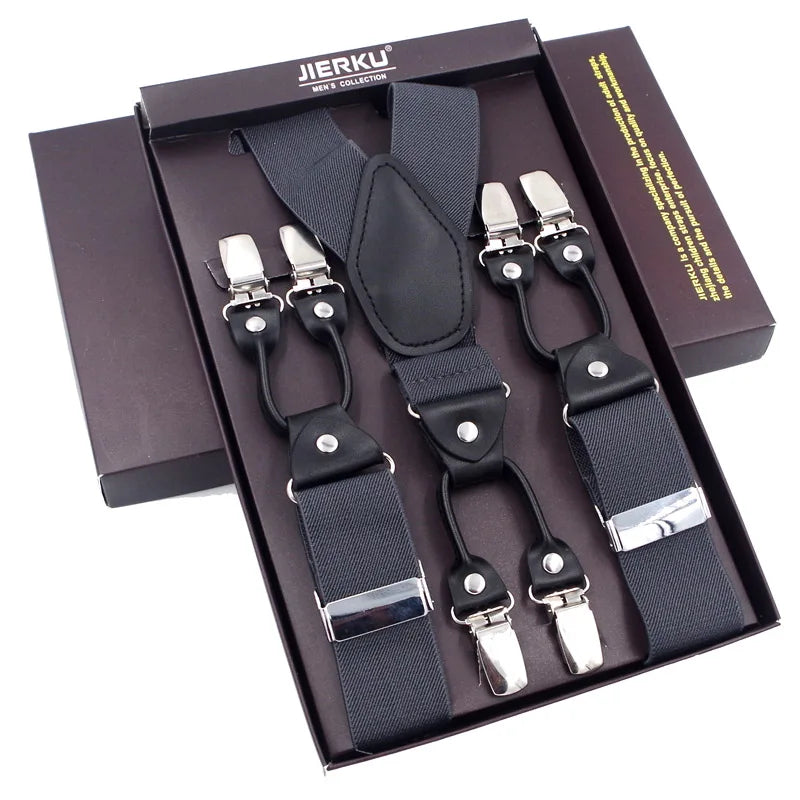 Bretelles de mode en cuir noir avec 6 clips — style vintage et décontracté, parfaites pour compléter un pantalon habillé ou casual. Un accessoire intemporel alliant élégance et confort.