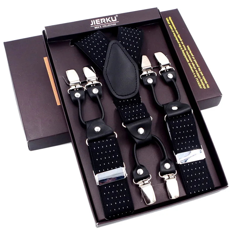 Bretelles de mode en cuir noir avec 6 clips — style vintage et décontracté, parfaites pour compléter un pantalon habillé ou casual. Un accessoire intemporel alliant élégance et confort.