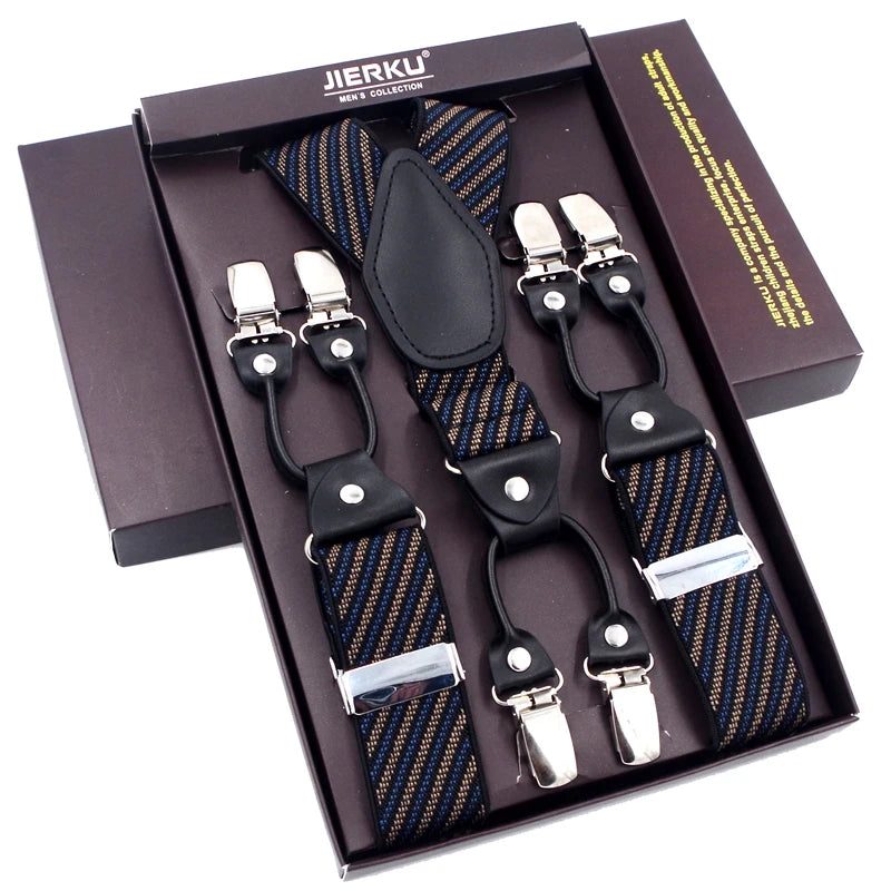 Bretelles de mode en cuir noir avec 6 clips — style vintage et décontracté, parfaites pour compléter un pantalon habillé ou casual. Un accessoire intemporel alliant élégance et confort.