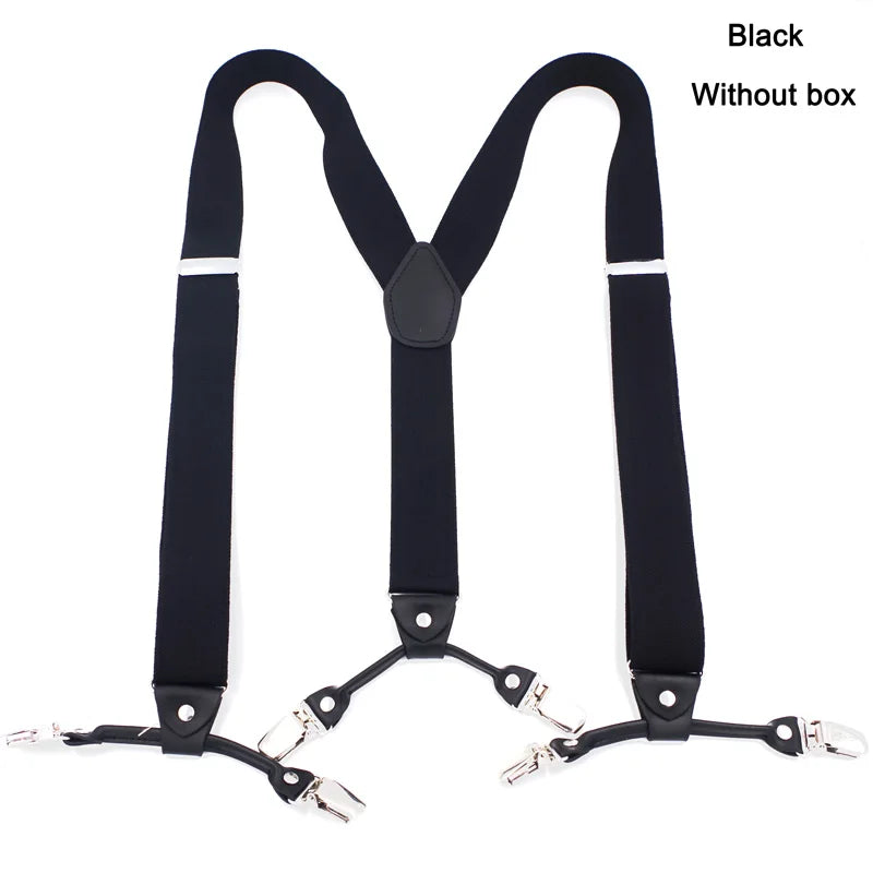 Bretelles de mode en cuir noir avec 6 clips — style vintage et décontracté, parfaites pour compléter un pantalon habillé ou casual. Un accessoire intemporel alliant élégance et confort.