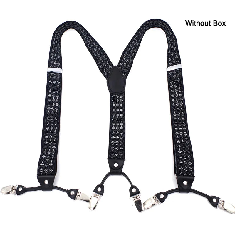 Bretelles de mode en cuir noir avec 6 clips — style vintage et décontracté, parfaites pour compléter un pantalon habillé ou casual. Un accessoire intemporel alliant élégance et confort.