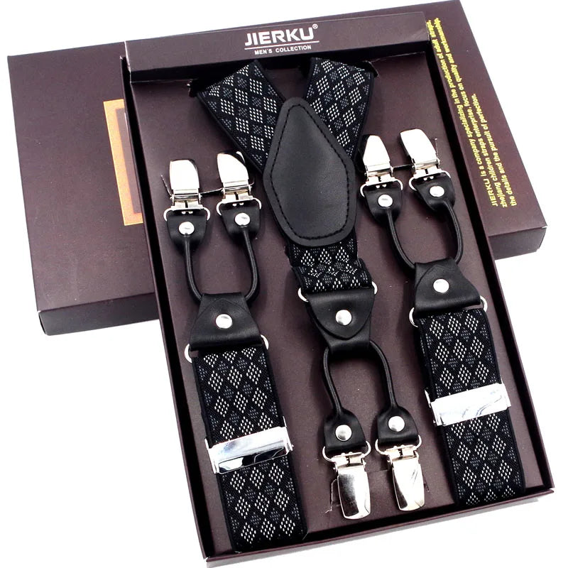 Bretelles de mode en cuir noir avec 6 clips — style vintage et décontracté, parfaites pour compléter un pantalon habillé ou casual. Un accessoire intemporel alliant élégance et confort.