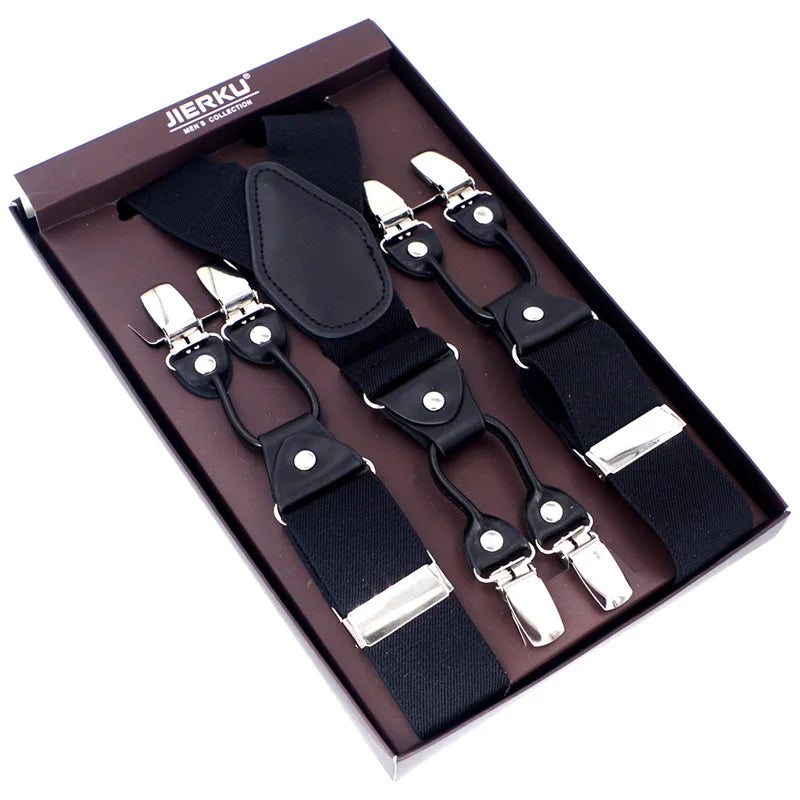 Bretelles de mode en cuir noir avec 6 clips — style vintage et décontracté, parfaites pour compléter un pantalon habillé ou casual. Un accessoire intemporel alliant élégance et confort.