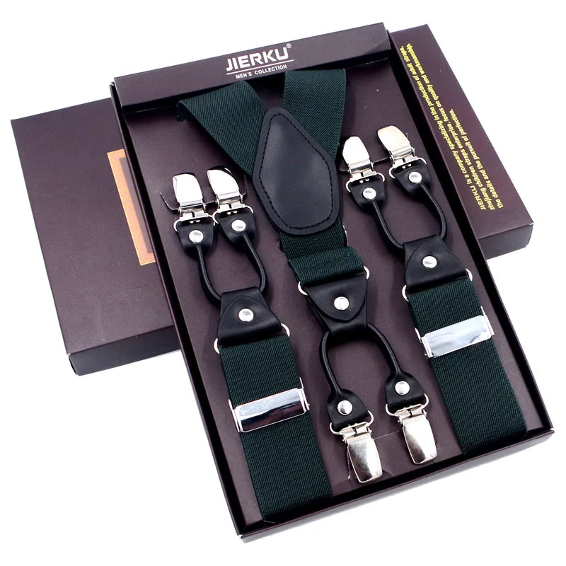 Bretelles de mode en cuir noir avec 6 clips — style vintage et décontracté, parfaites pour compléter un pantalon habillé ou casual. Un accessoire intemporel alliant élégance et confort.