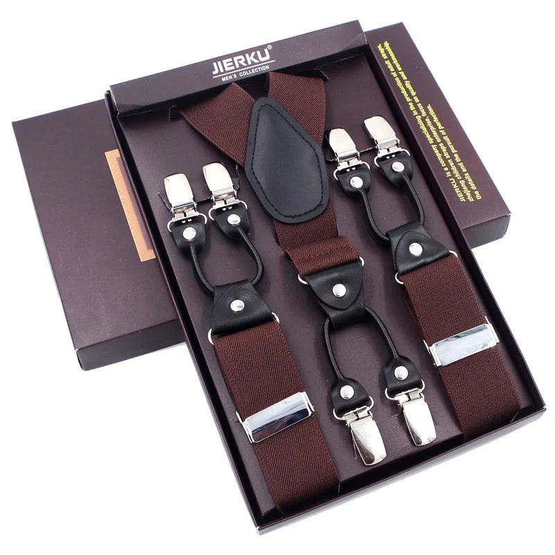 Bretelles de mode en cuir noir avec 6 clips — style vintage et décontracté, parfaites pour compléter un pantalon habillé ou casual. Un accessoire intemporel alliant élégance et confort.
