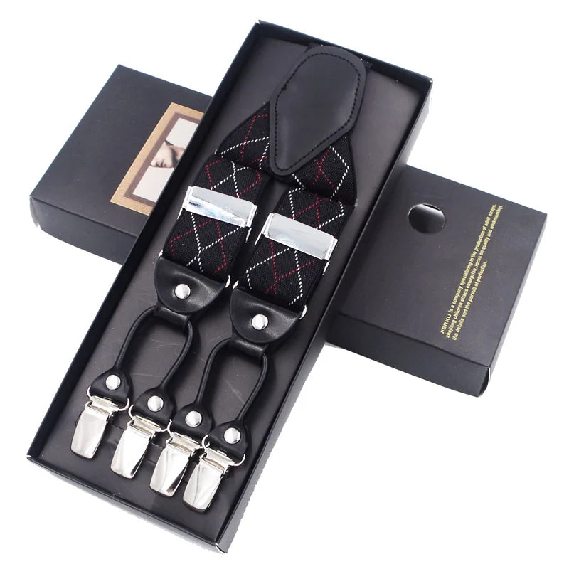 Bretelles de mode en cuir noir avec 6 clips — style vintage et décontracté, parfaites pour compléter un pantalon habillé ou casual. Un accessoire intemporel alliant élégance et confort.