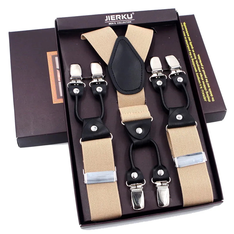 Bretelles de mode en cuir noir avec 6 clips — style vintage et décontracté, parfaites pour compléter un pantalon habillé ou casual. Un accessoire intemporel alliant élégance et confort.