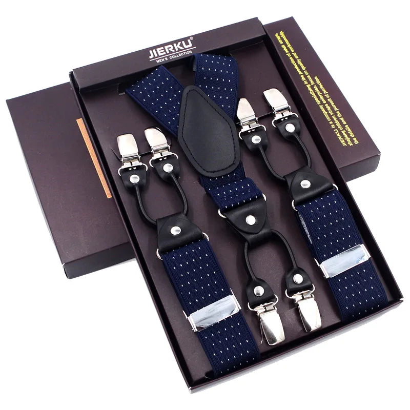 Bretelles de mode en cuir noir avec 6 clips — style vintage et décontracté, parfaites pour compléter un pantalon habillé ou casual. Un accessoire intemporel alliant élégance et confort.