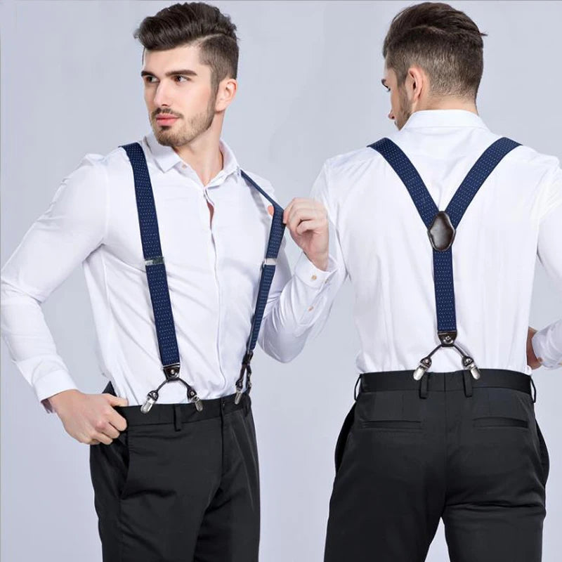 Bretelles de mode en cuir noir avec 6 clips — style vintage et décontracté, parfaites pour compléter un pantalon habillé ou casual. Un accessoire intemporel alliant élégance et confort.