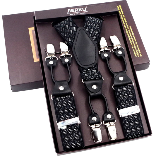 Bretelles de mode en cuir noir avec 6 clips — style vintage et décontracté, parfaites pour compléter un pantalon habillé ou casual. Un accessoire intemporel alliant élégance et confort.